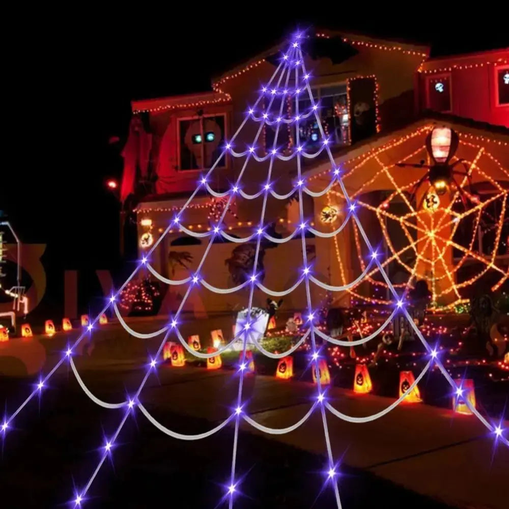 Practical 8 Modes Halloween Spider Web Lights Glow 250 LEDs LED Spider Net Hanging 5m Scary Giant Spider Haunted House Suncollections