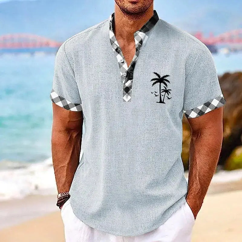 Coconut Tree Plaid 3D Print Henley Shirts Men's Casual Oversized Button Stand Collar Short Sleeve T Shirt Tees Tops Man Clothing - Suncollections