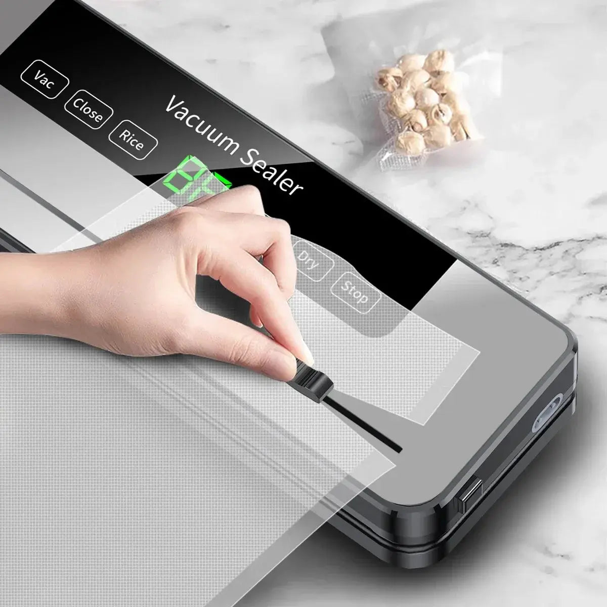 Electric Vacuum Sealer Built-in Cutter Kitchen Food Storage Seal Touch Button Dry/Wet Food Sealing Packaging Strips 10 Bags Suncollections