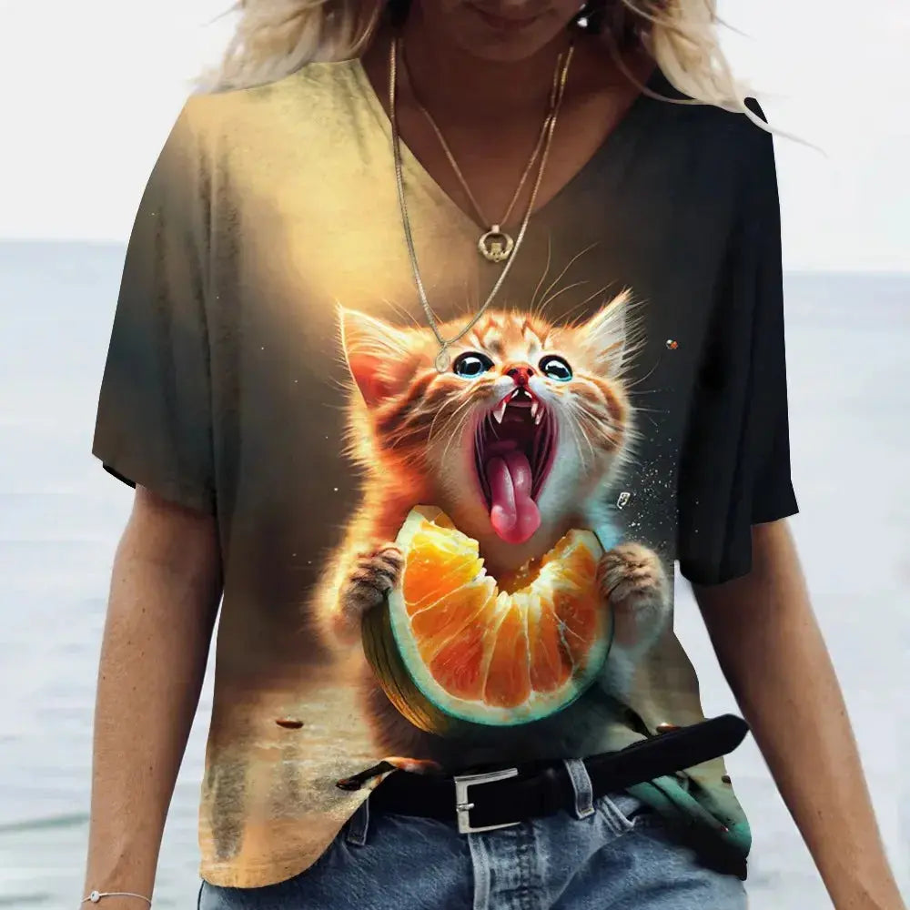 Fashion Women's T-shirt Cat Printed Short Sleeve Female Harajuku Tees Ladies T Shirt Oversized V-neck Tops Animal Women Clothing - Suncollections