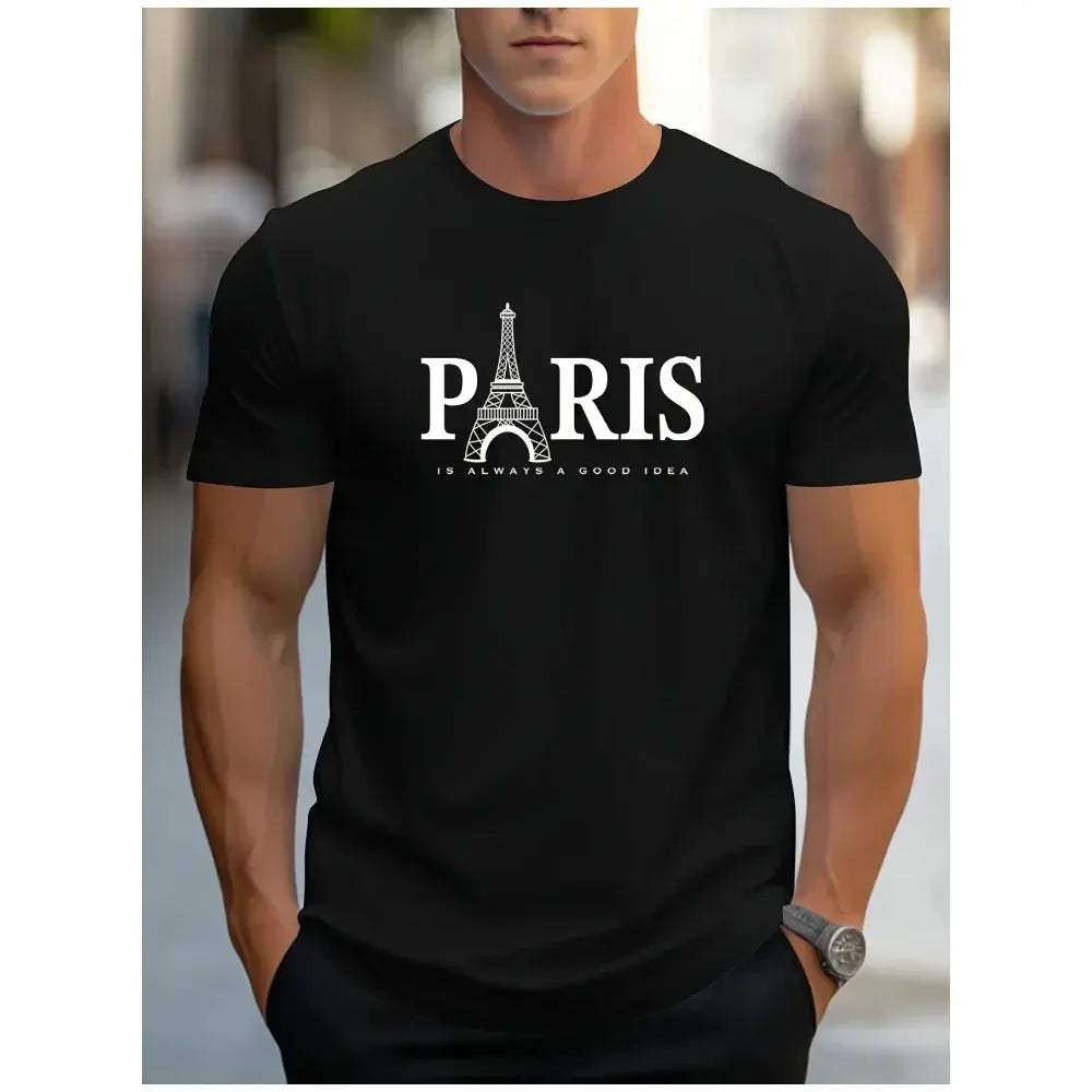 Casual Paris Pattern Men's T-Shirt Short-Sleeved Tops New Summer Clothing Harajuku Letters Printed Loose Large Size O-Neck Tees - Suncollections
