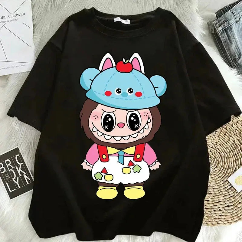Pop Mart Labubu T-shirts for Women Anime Fashion Short Sleeved Top Summer Hip Hop Black White T-shirt High Quality Clothes - Suncollections
