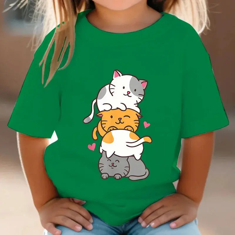 Cute Cat Graphic Kids Tshirts Kawaii T-Shirt Kids Summer Short Sleeve Tees Cartoon Animal Boys Girls Kawaii Kitten Tops Tshirt - Suncollections