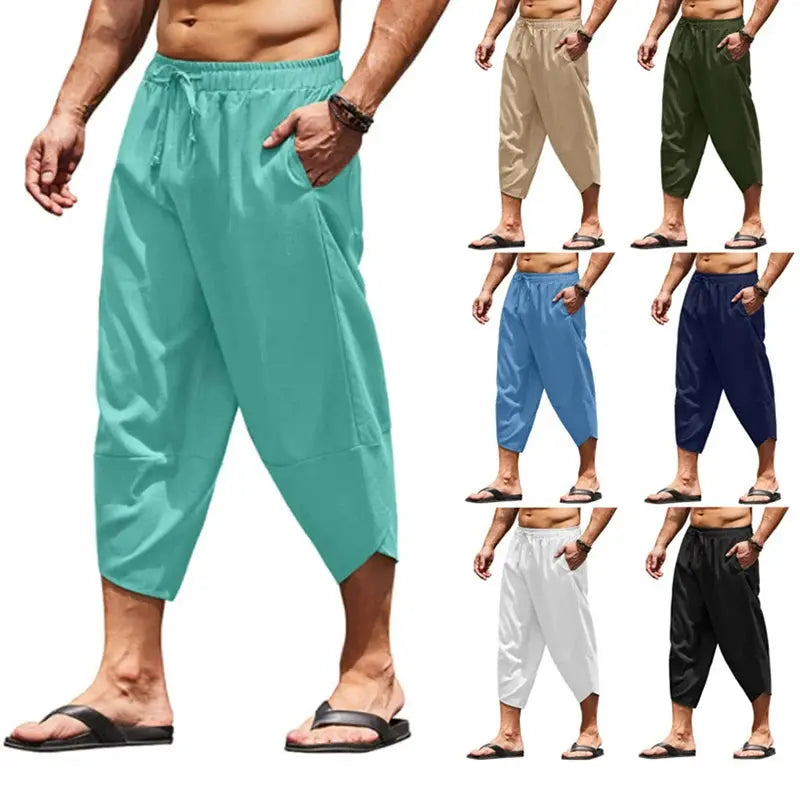Men Summer Solid Color Capri Pants Harem Shorts Men Elastic Waist Drawstring 3/4 Length Cropped Trousers Baggy Sweatpants Suncollections