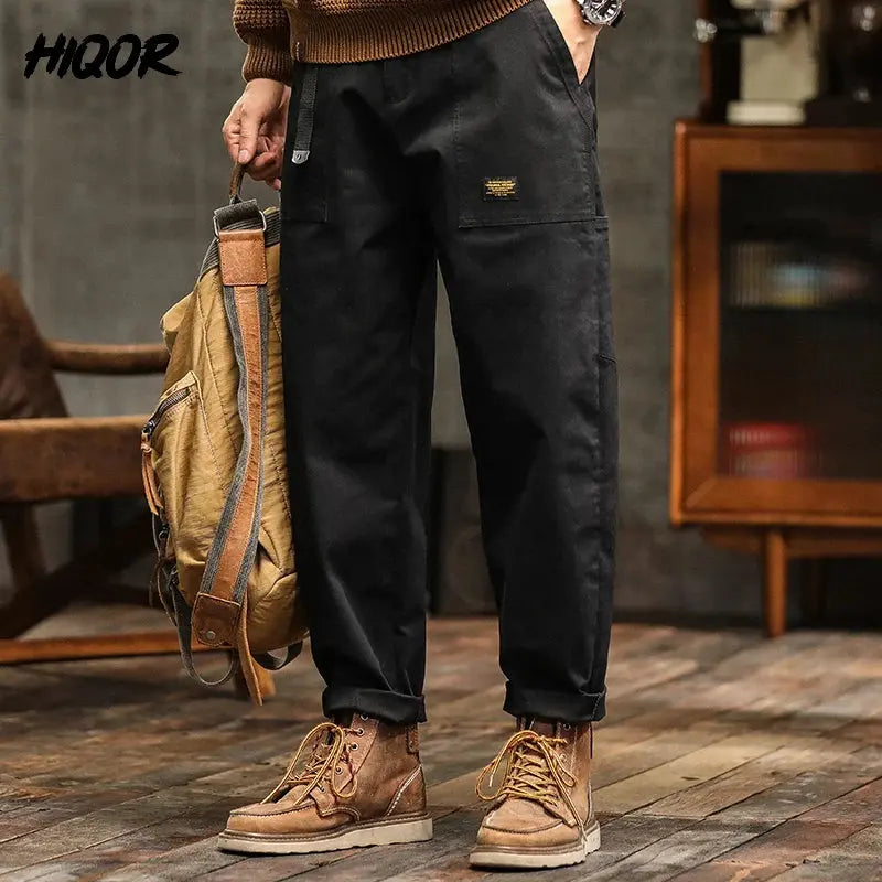 HIQOR Mens Clothing Spring Autumn Cargo Pants Man Cotton Casual Loose Trouser Belt Mid Waist Joggers Male Straight Baggy Pants Suncollections