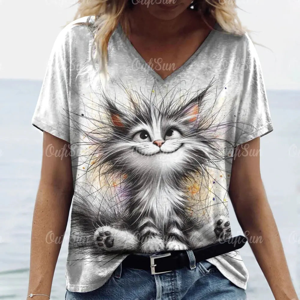 Summer Women's T Shirt Cat Print Casual Short Sleeve 3d T-Shirts Fashion Streetwear Crew Neck Pullover Female Oversized Clothing - Suncollections