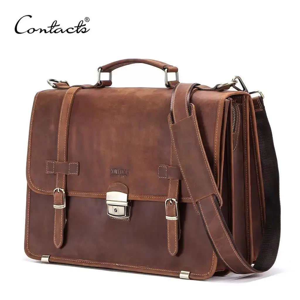 CONTACT'S Men's Bag Crazy Horse Leather Briefcase Men Business Bag for 14" Laptop Quality Leather Shoulder Messenger Bags Male - Suncollections