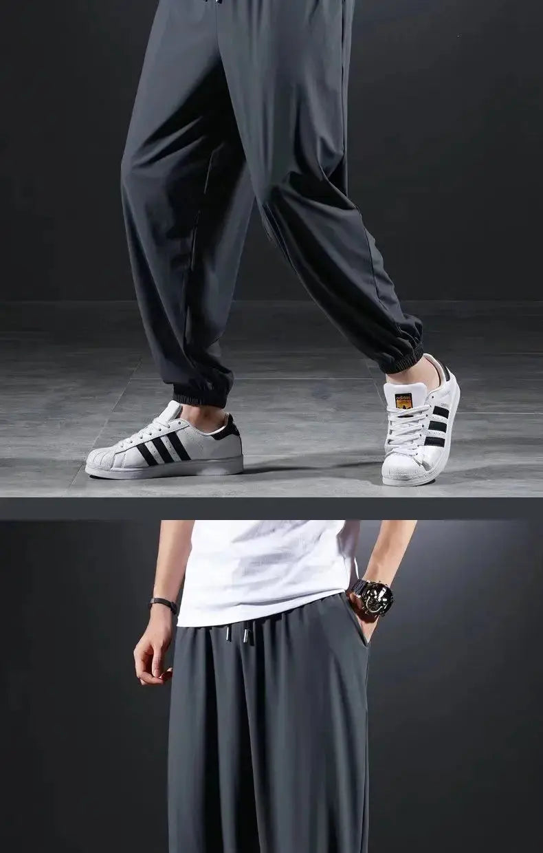 Summer Quick-drying Ice Silk Casual Pants Men's Ultra-thin Elastic Nine-point Pants Loose Drape Solid  Beam Feet Pants 7XL Suncollections