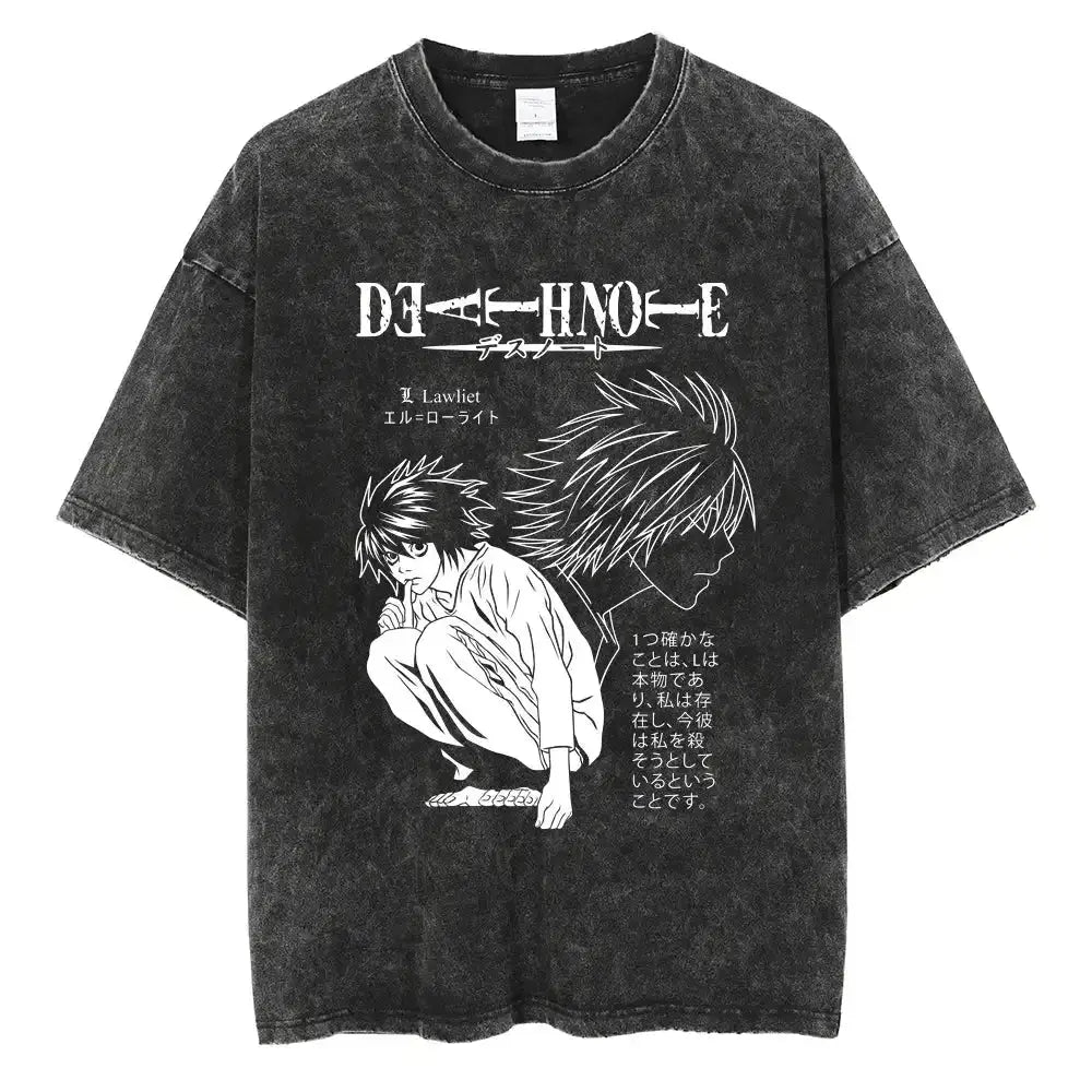 Harajuku Vintage Washed T Shirts Death Note Anime Graphic Printing T Shirt Oversize Cotton Fashion Streetwear Unisex Top Tee - Suncollections