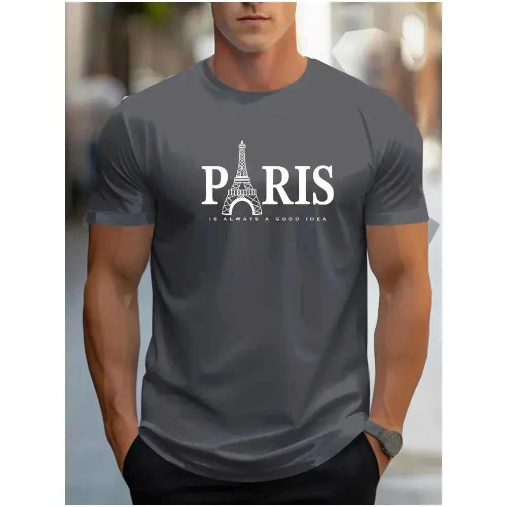 Casual Paris Pattern Men's T-Shirt Short-Sleeved Tops New Summer Clothing Harajuku Letters Printed Loose Large Size O-Neck Tees - Suncollections