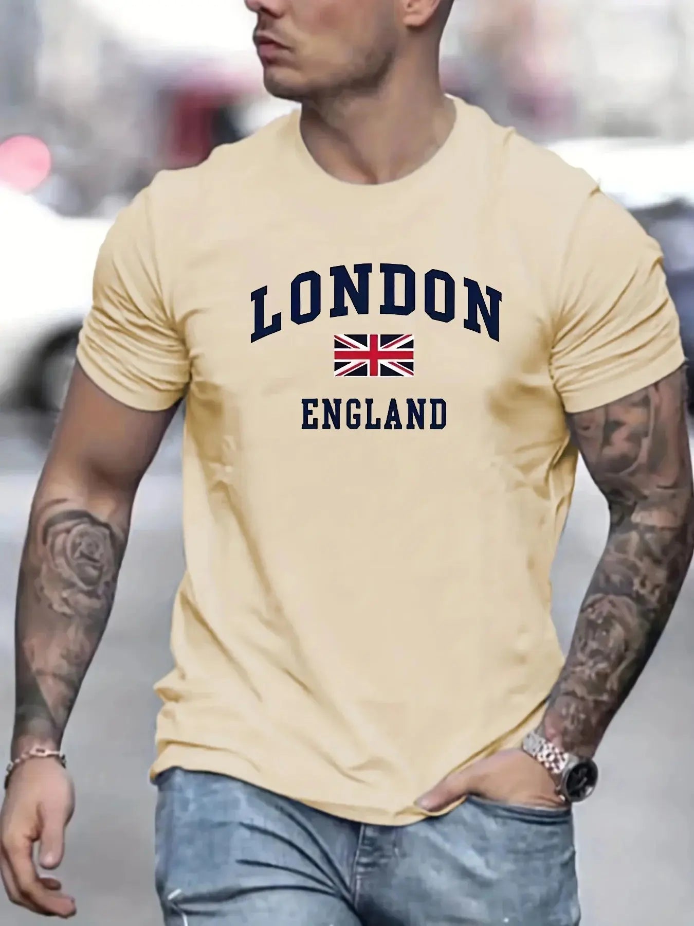 Summer men's 100% pure cotton casual loose fit plus size London England pattern printed round neck short sleeved T-shirt top - Suncollections