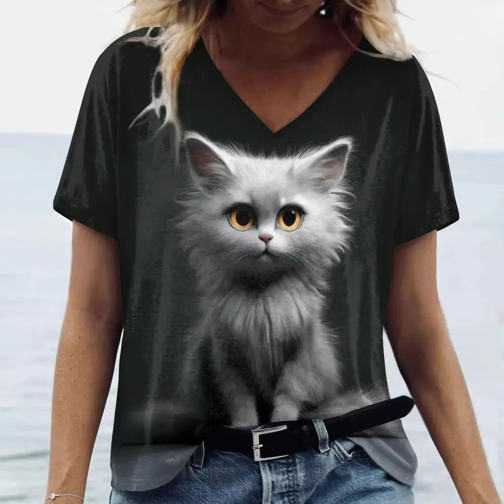 Women's T Shirt Cute Cat 3D Printed T-Shirt Summer Casual Short Sleeve V-Neck Top Fashion Streetwear Female Oversized Clothing - Suncollections