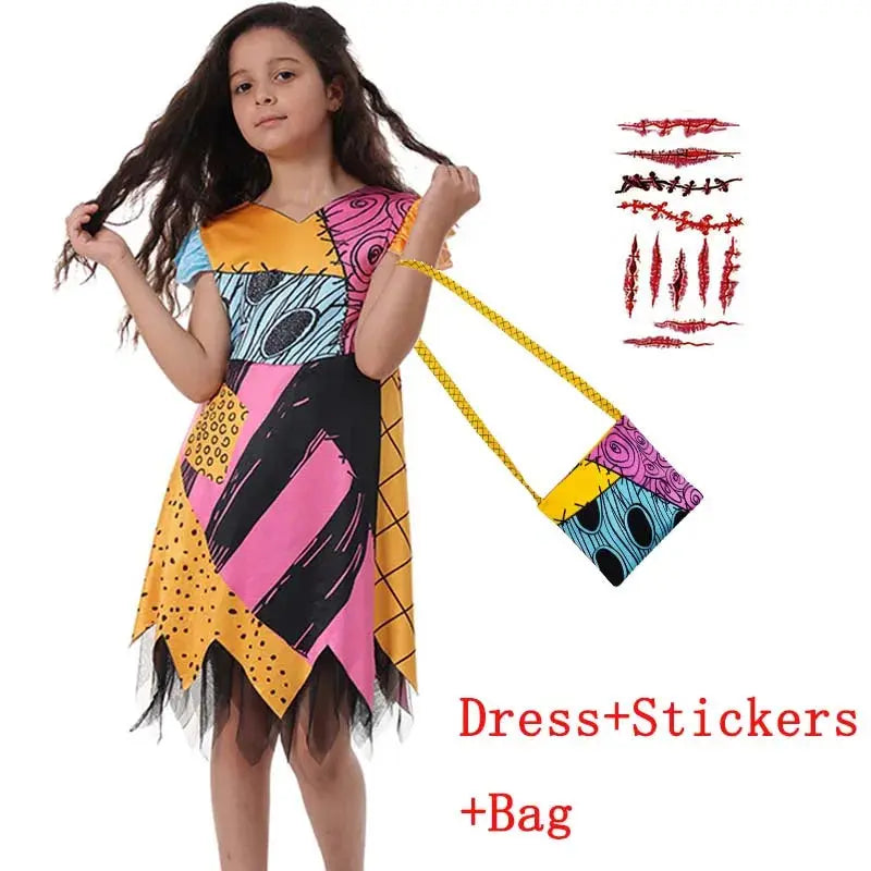 2025 Halloween Sally Cosplay Costume for Girl The Nightmare Before Xmas Role Play Dress Up Toddler Classic Sally&Jack Frocks Suncollections