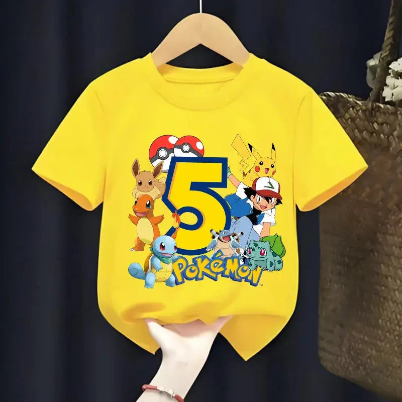 Pokemon Children Short Sleeve T-shirt Boys Girls Summer Casual Breathable Tops Cartoon Pikachu Numbers Print Pullover Kids Gifts - Suncollections