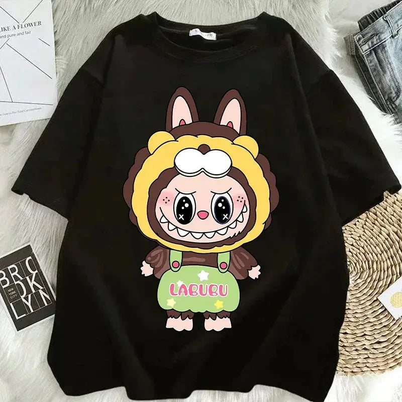 Pop Mart Labubu T-shirts for Women Anime Fashion Short Sleeved Top Summer Hip Hop Black White T-shirt High Quality Clothes - Suncollections