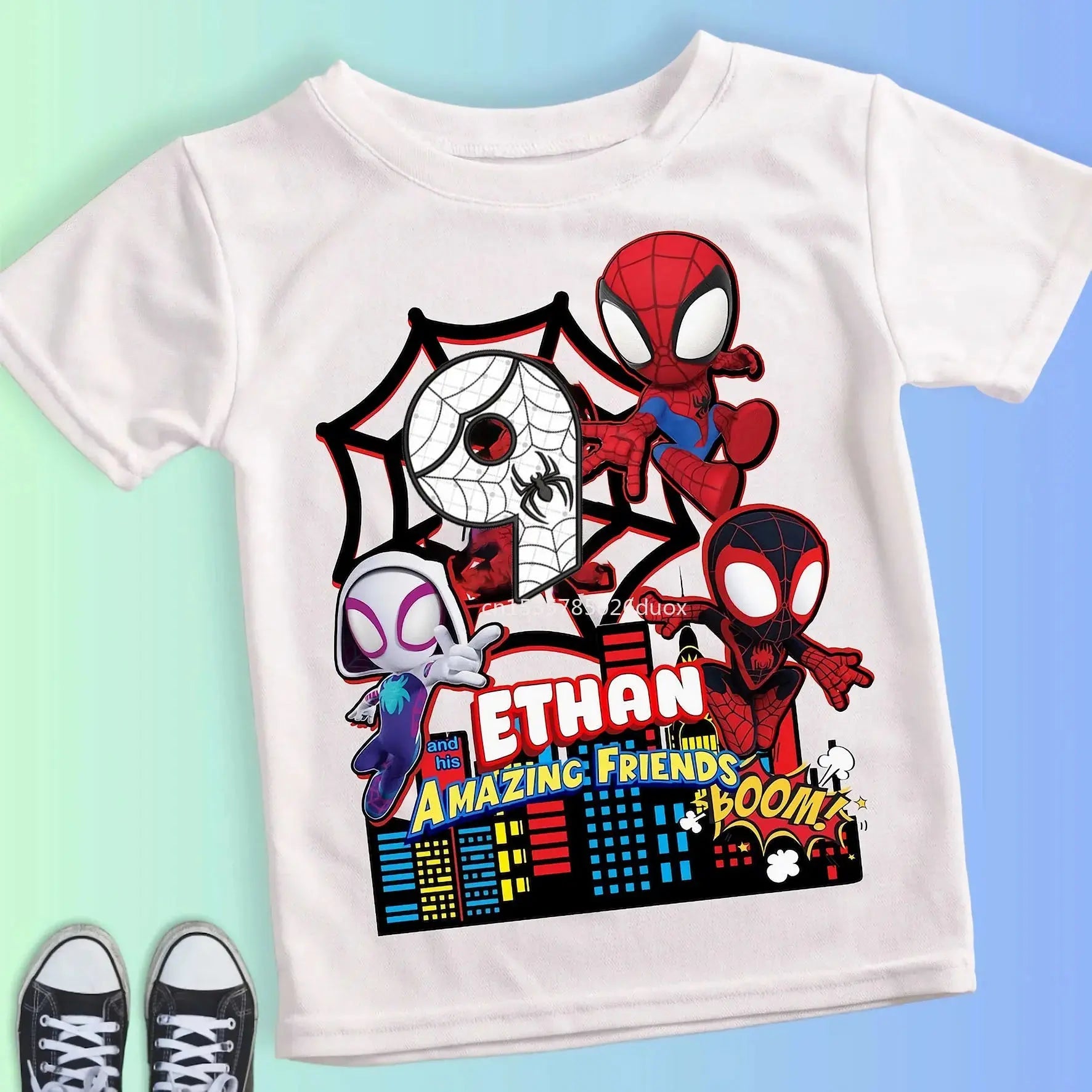 Summer Kid 2 3 4 5 6 7 8 9 Spider Man and His Friends Birthday White Shirt Spider-Man Customized Name Birthday Party Boy T-shirt - Suncollections