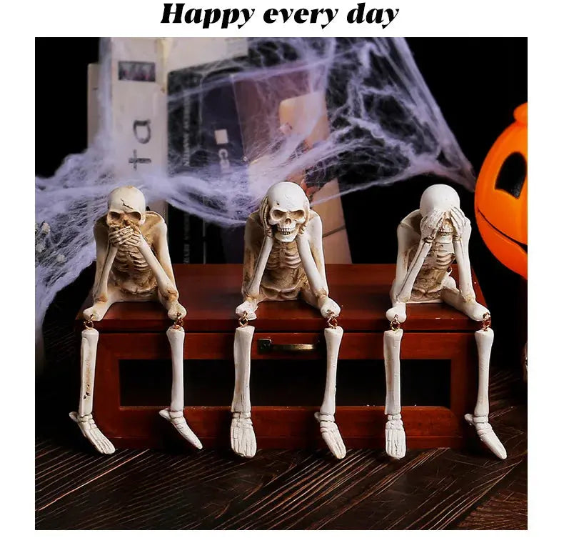 Halloween Statues Resin See Speak Hear No Evil Skeleton Figurines Resin Realistic Skull Decor for Bookshelf Table Edge Ornament Suncollections