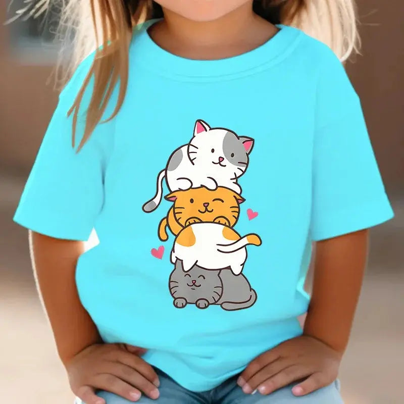 Cute Cat Graphic Kids Tshirts Kawaii T-Shirt Kids Summer Short Sleeve Tees Cartoon Animal Boys Girls Kawaii Kitten Tops Tshirt - Suncollections