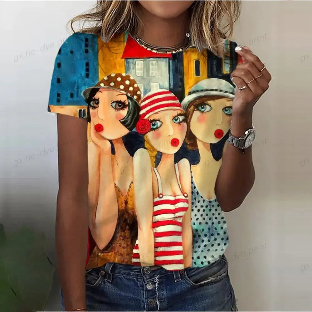 Summer Women's T-Shirts Girls Cute Print Short Sleeve Harajuku Fashion O-Neck Shirts Ladies Colorful Beautiful Shirt Tees - Suncollections