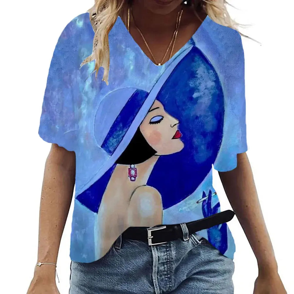 Women's Summer T-Shirt V Neck Short Sleeve Top Abstract Portrait Painted T-Shirt Women's Loose Casual T-Shirt Street Style - Suncollections