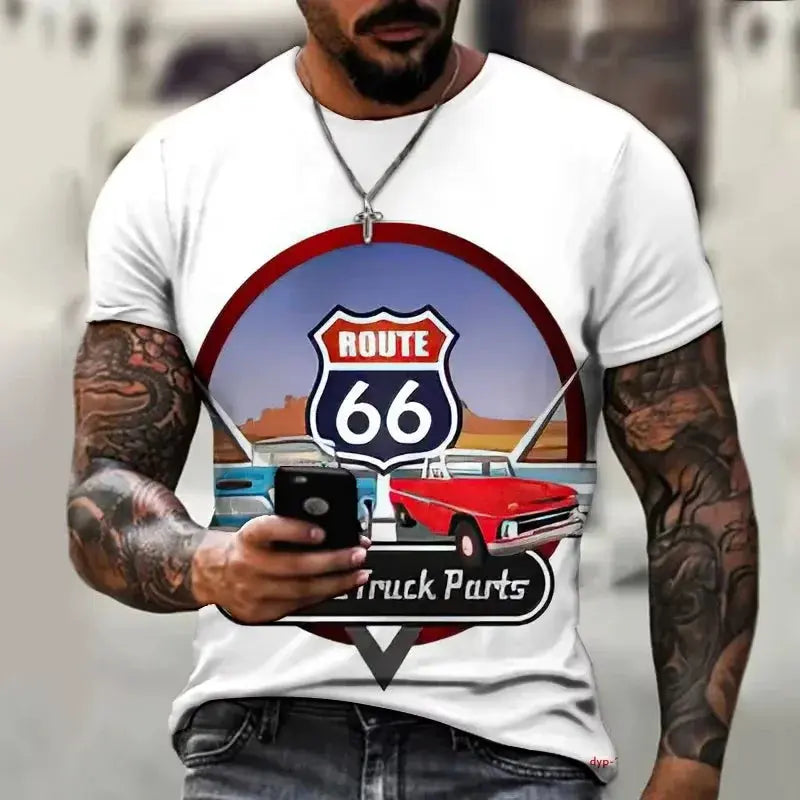 Newest Summer Mens Clothes Man 3d Printed Fashion Retro Short Sleeve Top Route 66 T Shirt Men Streetwear Short Sleeve T Shirt - Suncollections