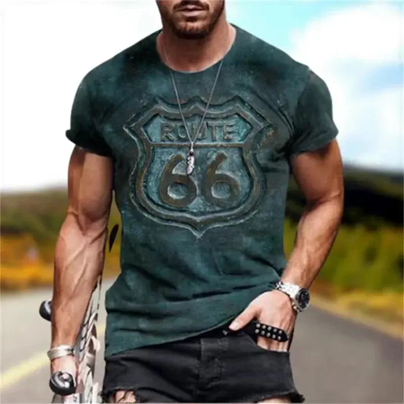 Newest Summer Mens Clothes Man 3d Printed Fashion Retro Short Sleeve Top Route 66 T Shirt Men Streetwear Short Sleeve T Shirt - Suncollections