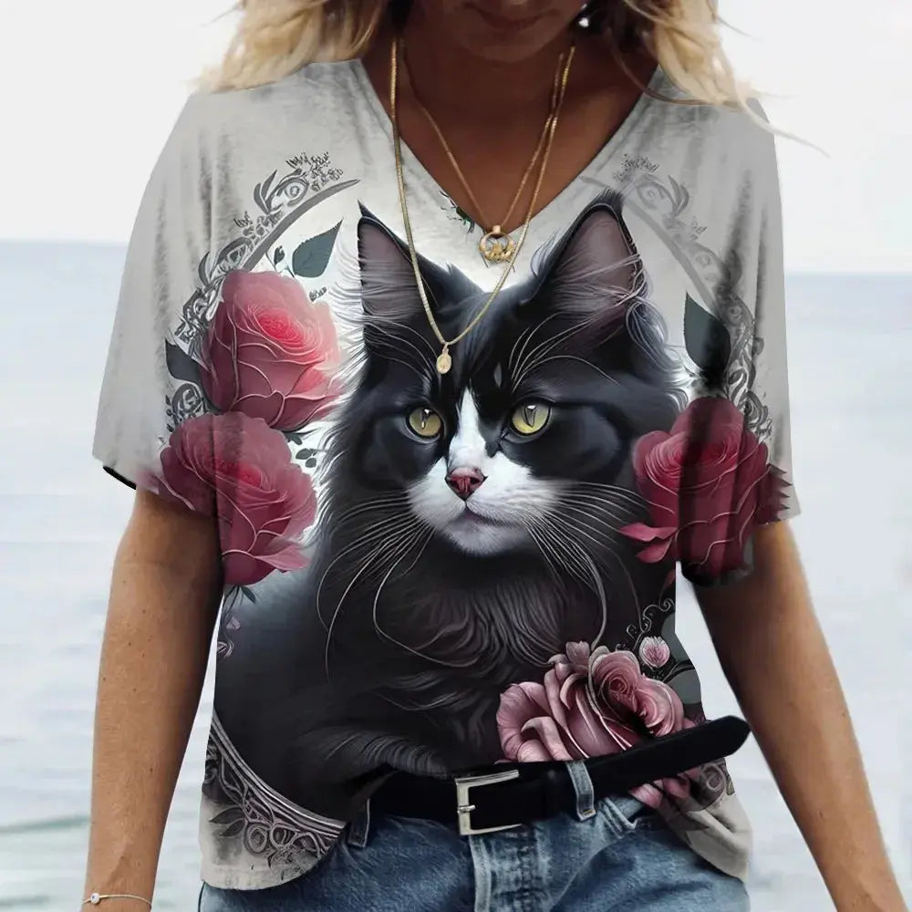 Fashion Women's T-shirt Cat Printed Short Sleeve Female Harajuku Tees Ladies T Shirt Oversized V-neck Tops Animal Women Clothing - Suncollections