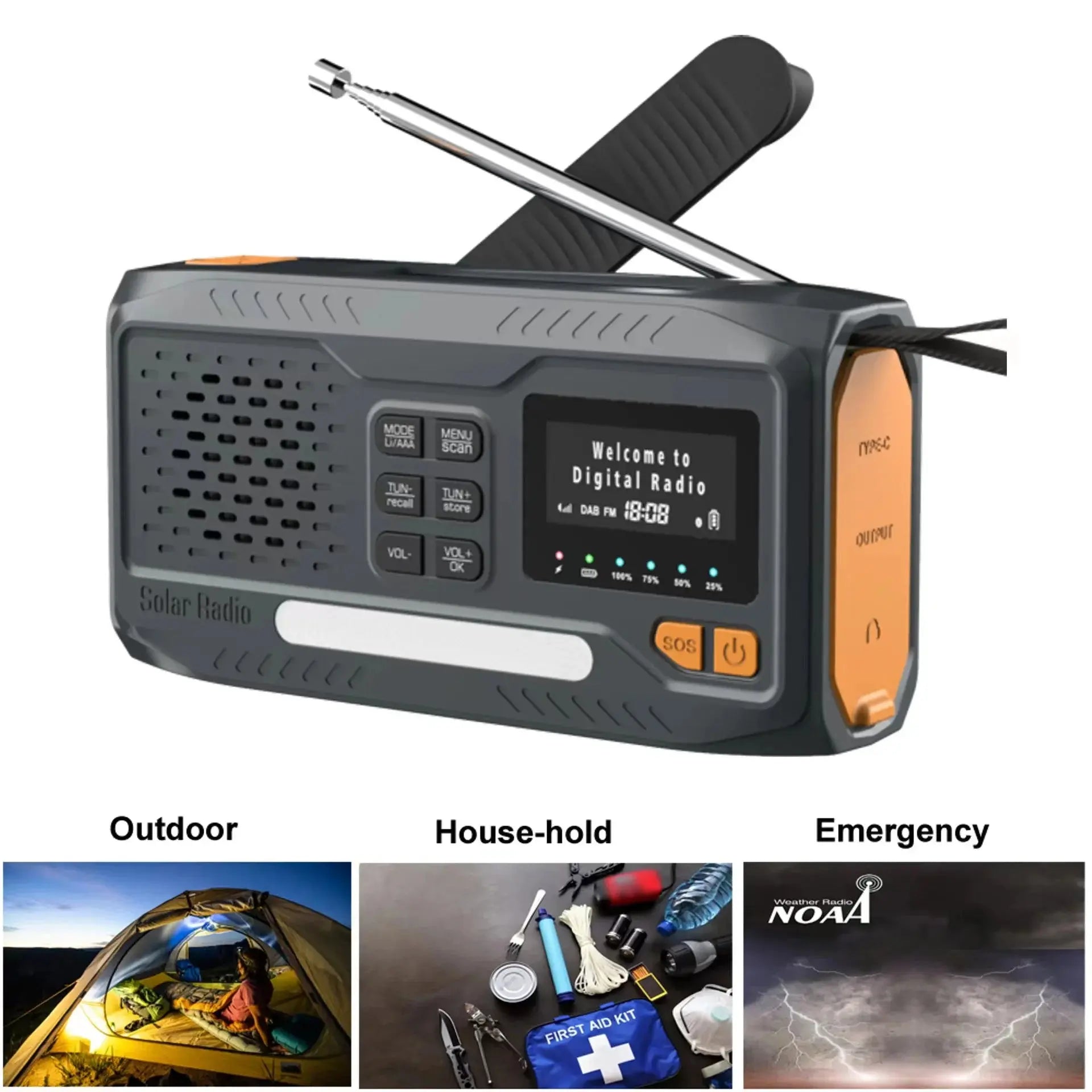 DAB/FM Bluetooth Emergency Radio Portable Solar Radio Receiver Hand Crank Dynamo Outdoor Radio Camping Speaker with Flashlight - Suncollections