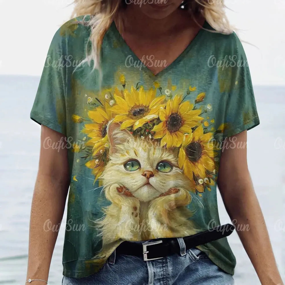 Summer Women's T Shirt Cat Print Casual Short Sleeve 3d T-Shirts Fashion Streetwear Crew Neck Pullover Female Oversized Clothing - Suncollections