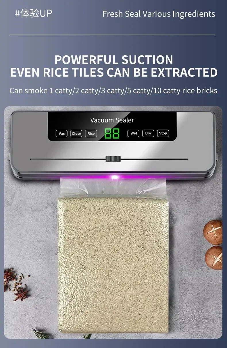 Electric Vacuum Sealer Built-in Cutter Kitchen Food Storage Seal Touch Button Dry/Wet Food Sealing Packaging Strips 10 Bags Suncollections