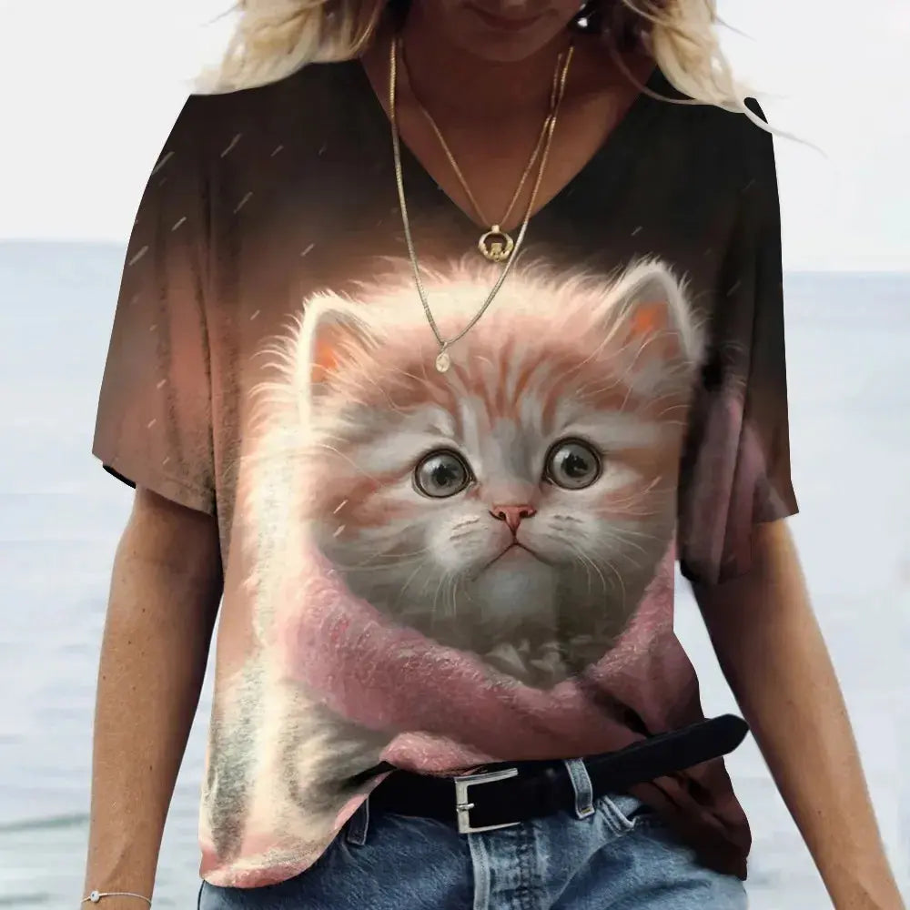 Fashion Women's T-shirt Cat Printed Short Sleeve Female Harajuku Tees Ladies T Shirt Oversized V-neck Tops Animal Women Clothing - Suncollections
