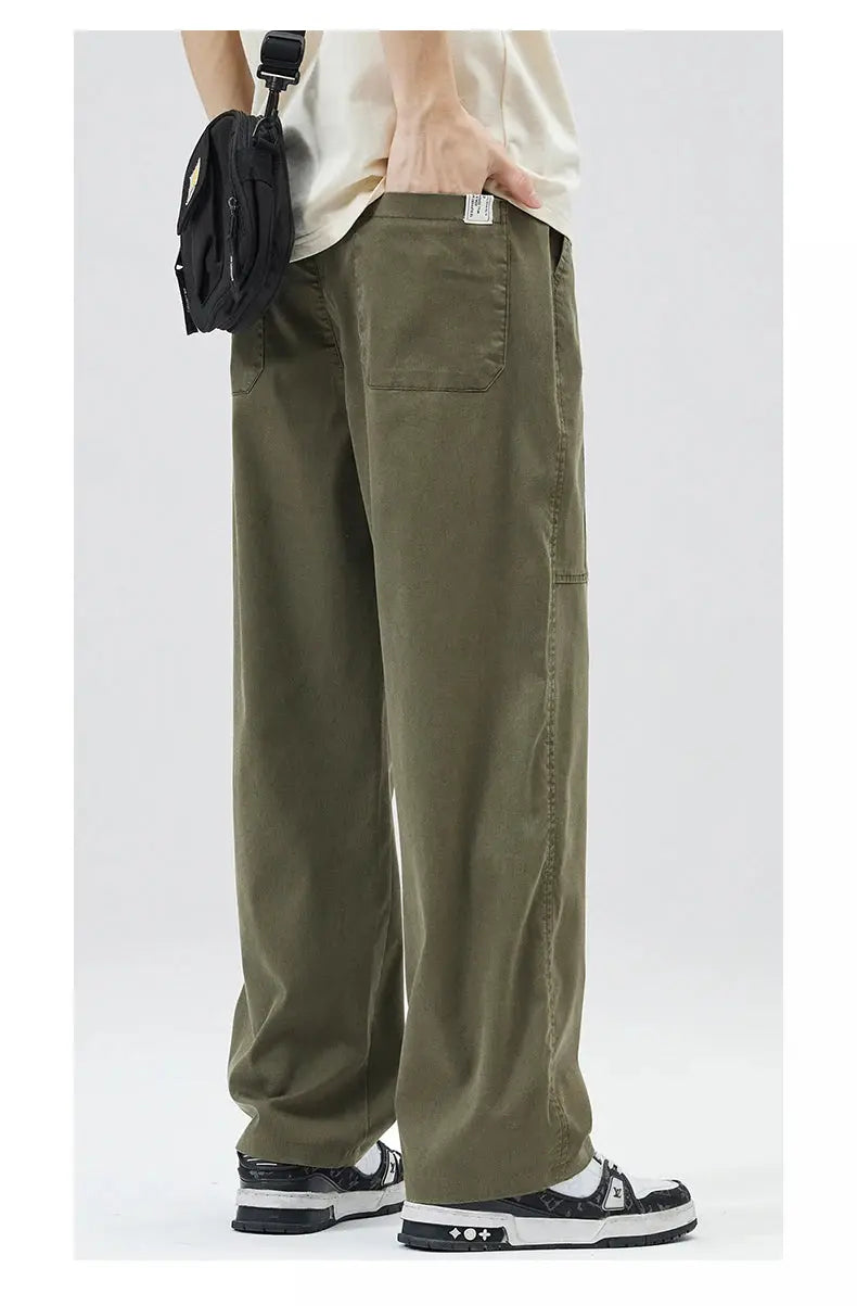 Men'S Tencel Straight Leg Casual Pants High Street Lightweight Summer Loose Fit Pants Man Washed Breathable Workwear Trousers Suncollections