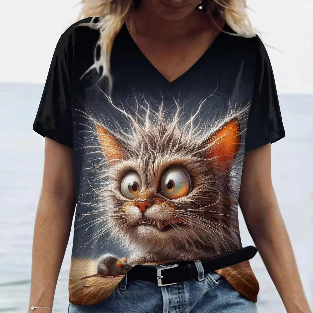 Women's T Shirt Cute Cat 3D Printed T-Shirt Summer Casual Short Sleeve V-Neck Top Fashion Streetwear Female Oversized Clothing - Suncollections