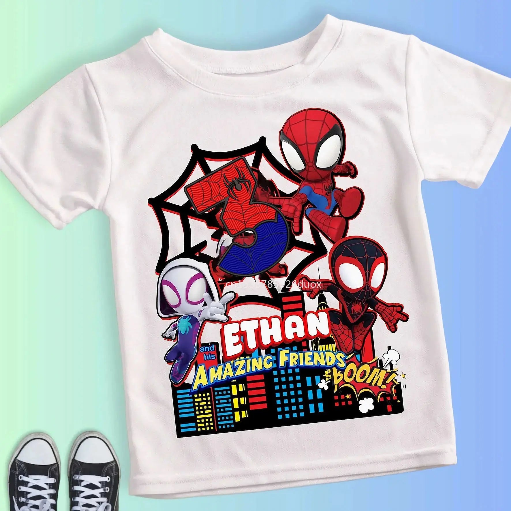 Summer Kid 2 3 4 5 6 7 8 9 Spider Man and His Friends Birthday White Shirt Spider-Man Customized Name Birthday Party Boy T-shirt - Suncollections