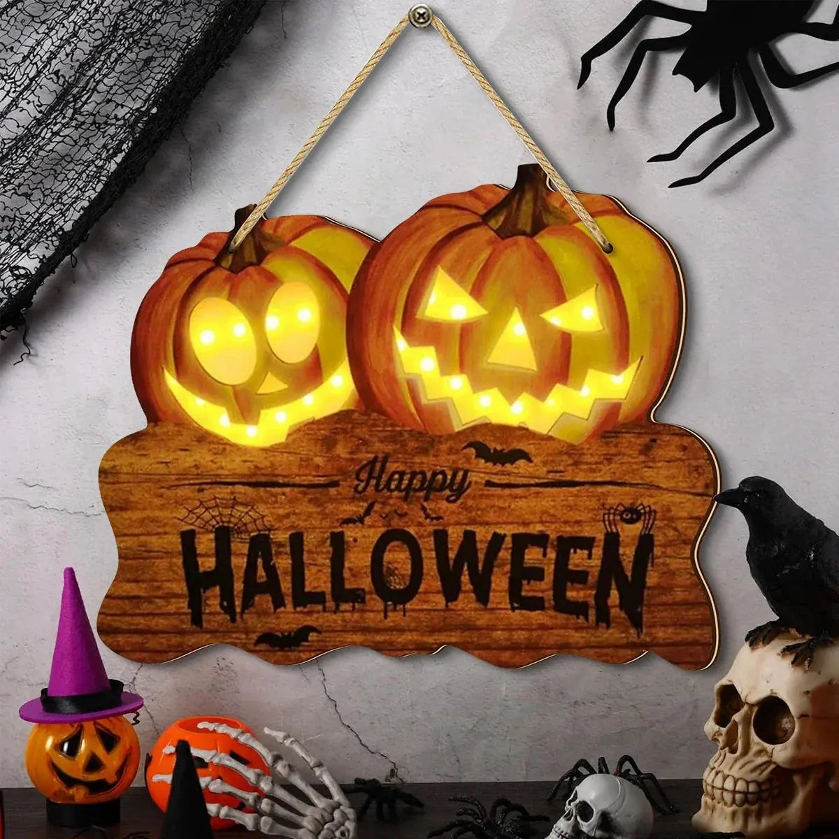 Light up the wooden Halloween sign with two jack-o'-lantern pumpkin lanterns for festive home decoration Suncollections