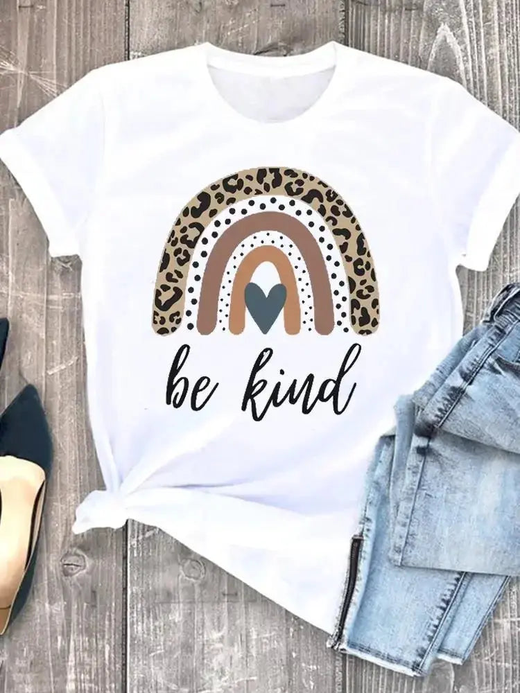 Summer leopard love heart t shirts sweet Fashion Women Tee T-shirts Casual Short Sleeve Regular Female Graphic T Shirt Clothes - Suncollections