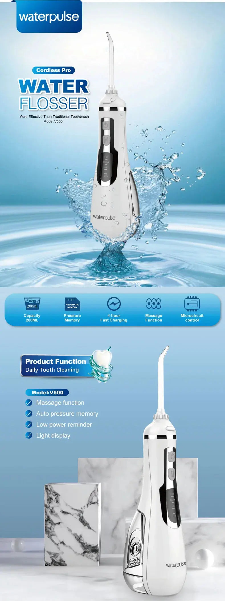 Waterpulse V500 Portable Oral Irrigator Dental Water Jet Flosser - Suncollections