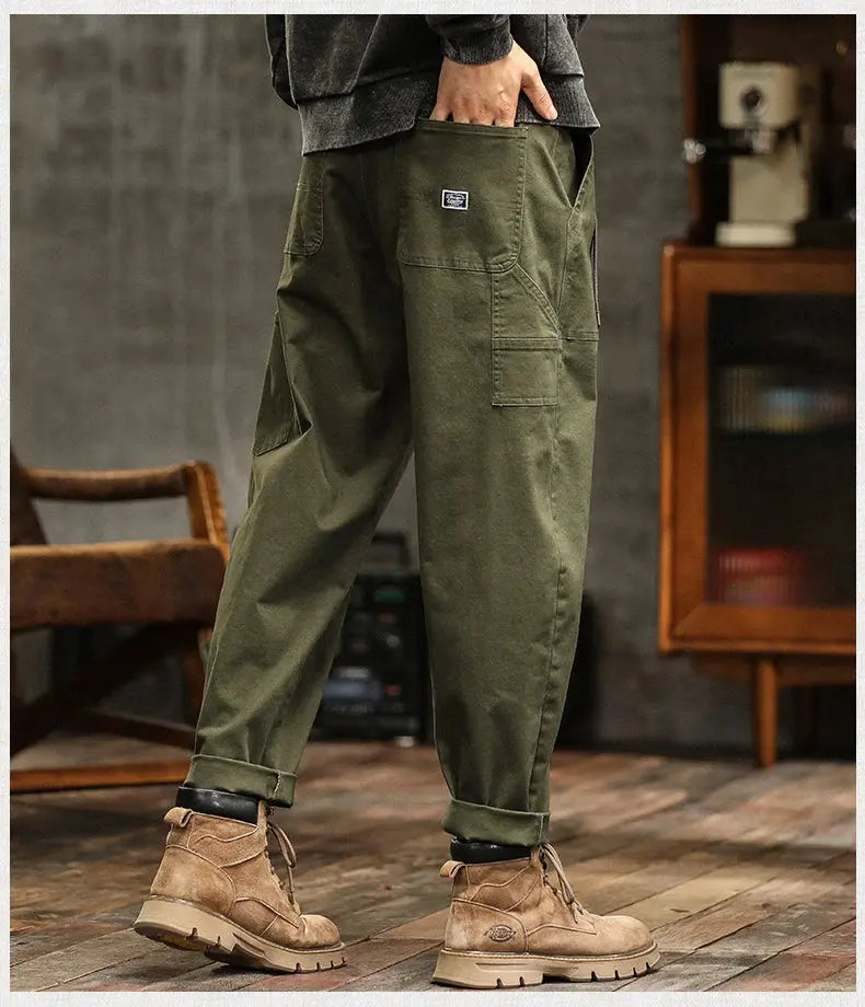 HIQOR Mens Clothing Spring Autumn Cargo Pants Man Cotton Casual Loose Trouser Belt Mid Waist Joggers Male Straight Baggy Pants Suncollections