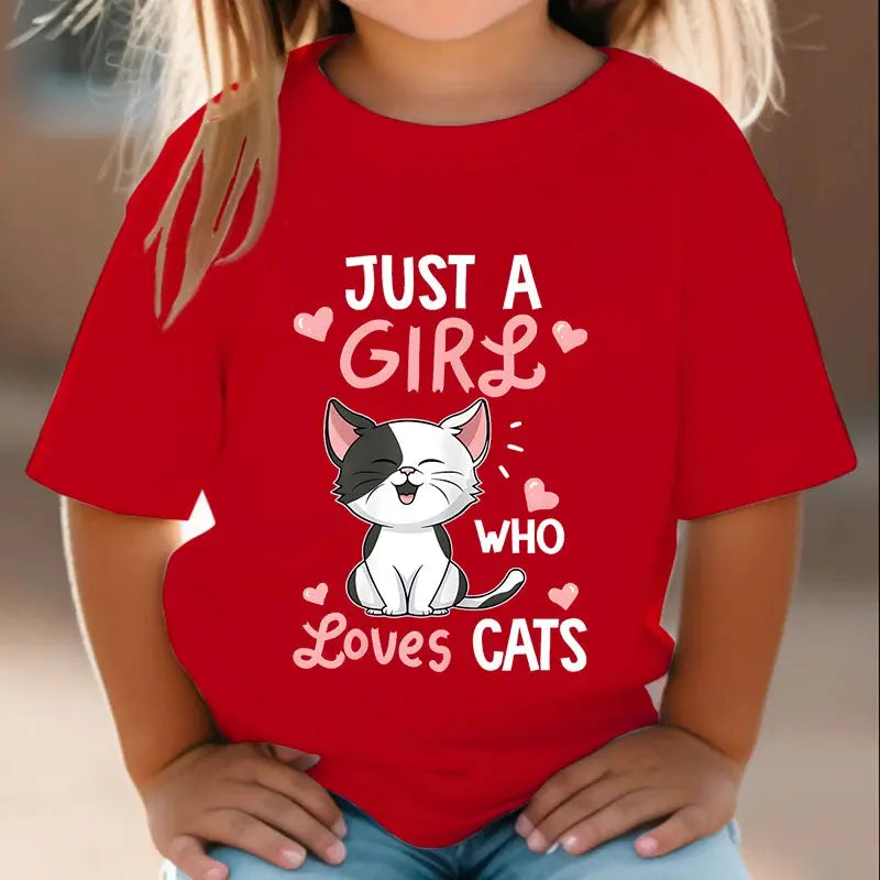 Just A Girl Who Loves Cats Tshirt Girls Y2k Harajuku Animal Summer Fashion Kids Clothes Funny Graphic Cute Cat Lover Streetwear - Suncollections
