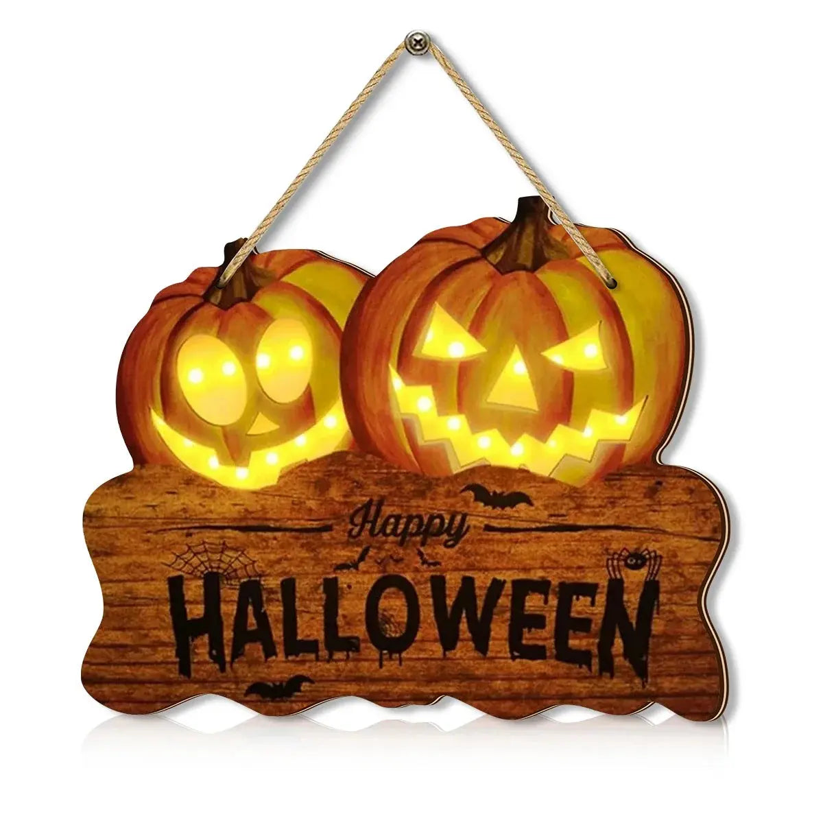 Light up the wooden Halloween sign with two jack-o'-lantern pumpkin lanterns for festive home decoration Suncollections
