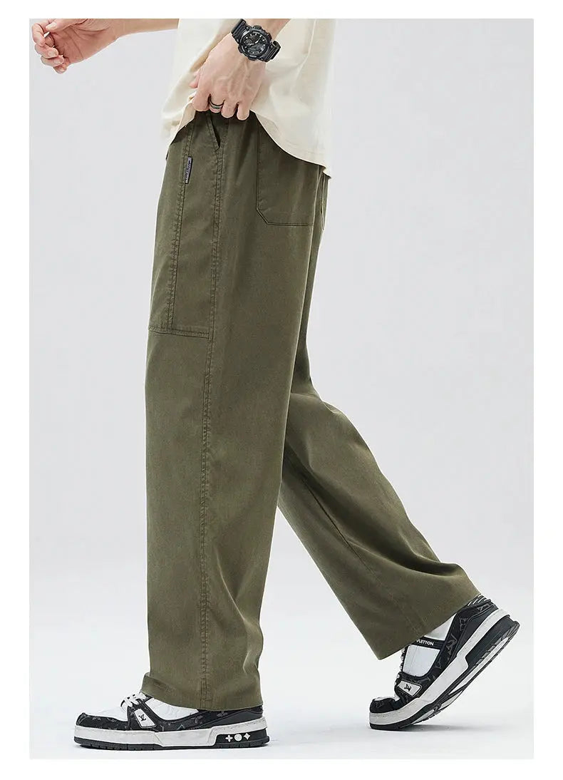 Men'S Tencel Straight Leg Casual Pants High Street Lightweight Summer Loose Fit Pants Man Washed Breathable Workwear Trousers Suncollections