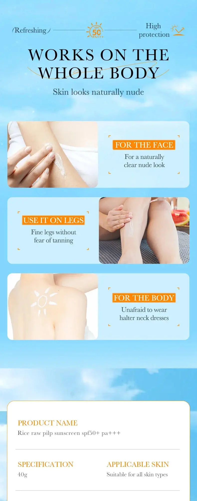 BIOAQUA Rice Raw Pulp Spf 50+ Sunscreen For Face Body Neck Back Protector Solar Blocker Brightening Facial Sun Cream Body Care - Suncollections