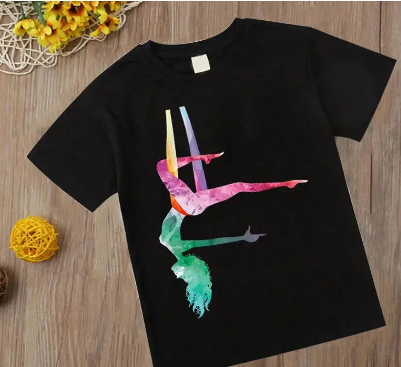 Watercolor Gymnastic Girl Print CuteChildren's T-Shirts Kids Black Tshirt GYM Excercise Sport Lover Birthday Gift Custom T Shirt - Suncollections