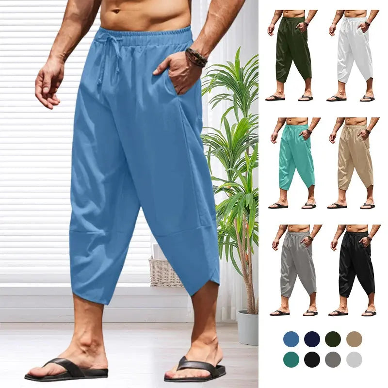 Men Summer Solid Color Capri Pants Harem Shorts Men Elastic Waist Drawstring 3/4 Length Cropped Trousers Baggy Sweatpants Suncollections