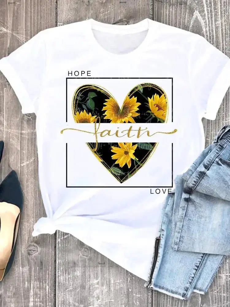 Summer leopard love heart t shirts sweet Fashion Women Tee T-shirts Casual Short Sleeve Regular Female Graphic T Shirt Clothes - Suncollections