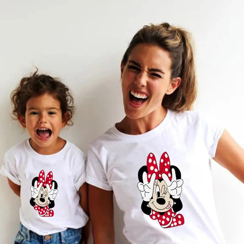 New Mother Kids Tshirts Funny Minnie Mouse Family Matching Outfits Summer White Short Sleeve Mother Daughter Matching Clothes - Suncollections