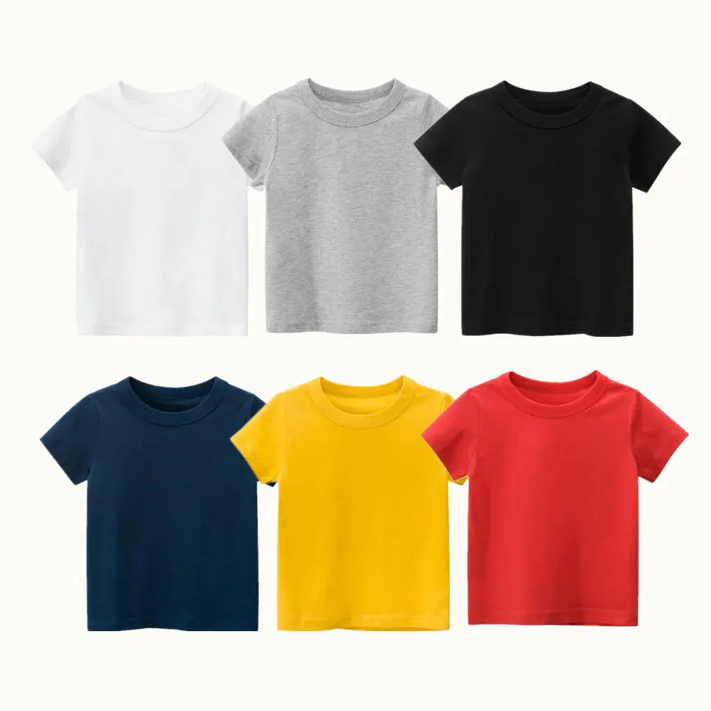 2024 Summer Girls Boys Solid T-Shirts Clothes 100% Pure Cotton Short Sleeve Yellow Red Green Kids UnderShirt Bottomming Clothing - Suncollections