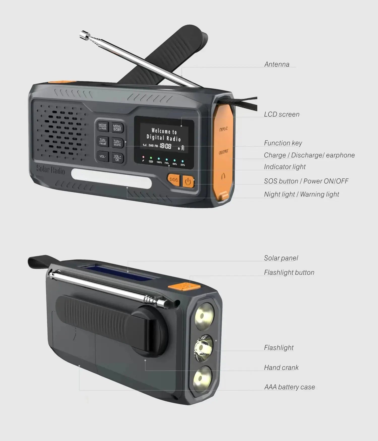 DAB/FM Bluetooth Emergency Radio Portable Solar Radio Receiver Hand Crank Dynamo Outdoor Radio Camping Speaker with Flashlight - Suncollections
