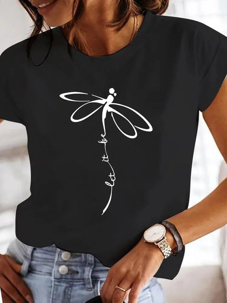Women's Short-sleeved Explosive Insect Butterfly Dragonfly Print Round Neck T-shirt Women Clothes  Oversized T Shirt  Harajuku - Suncollections