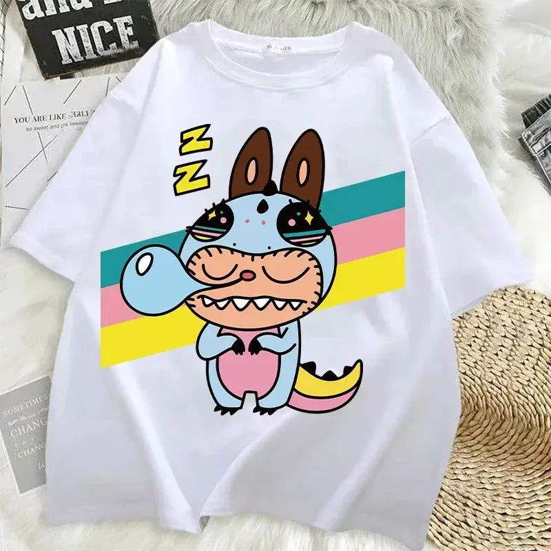 Pop Mart Labubu T-shirts for Women Anime Fashion Short Sleeved Top Summer Hip Hop Black White T-shirt High Quality Clothes - Suncollections